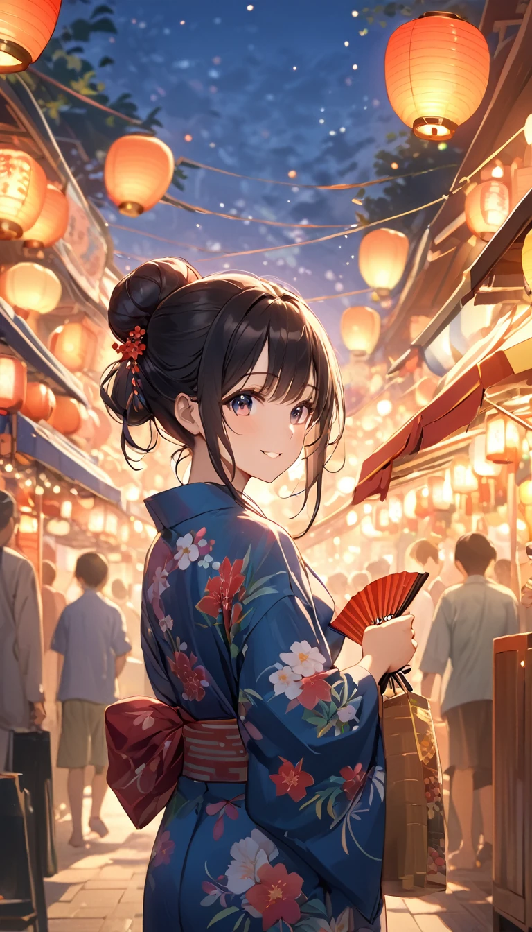 A young girl in a yukata with a floral pattern, standing under colorful paper lanterns at a summer festival. She has long black hair tied in a loose bun and is holding a fan. The scene is set in a bustling festival street with food stalls in the background. The air is filled with a warm glow from the lanterns, and her eyes reflect the lights as she smiles softly. In the distance, fireworks are just beginning to light up the sky.