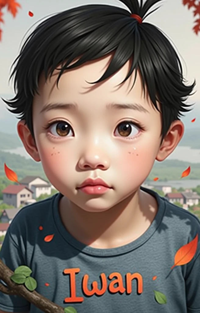 A 2 boy with straight blue-black hair and black eyes with Asian features resembling South Korean actor Jang Ki Yong