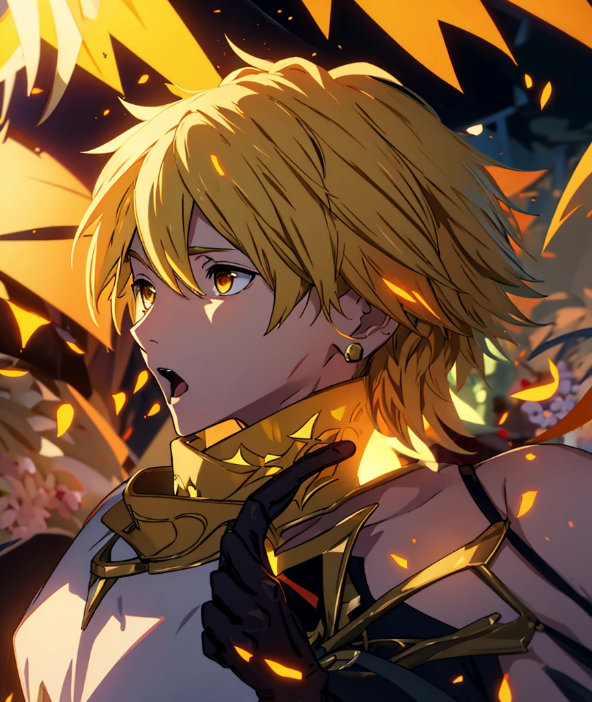 hd images, detailed, csm anime style, aether 1boy male focus blonde hair yellow eyes ahoge hair between eyes,aether \(genshin impact\)
1boy
solo
cape
earrings
jewelry
gloves
midriff, 
navel
scarf
 , upper part, mouth open, yelling, shock