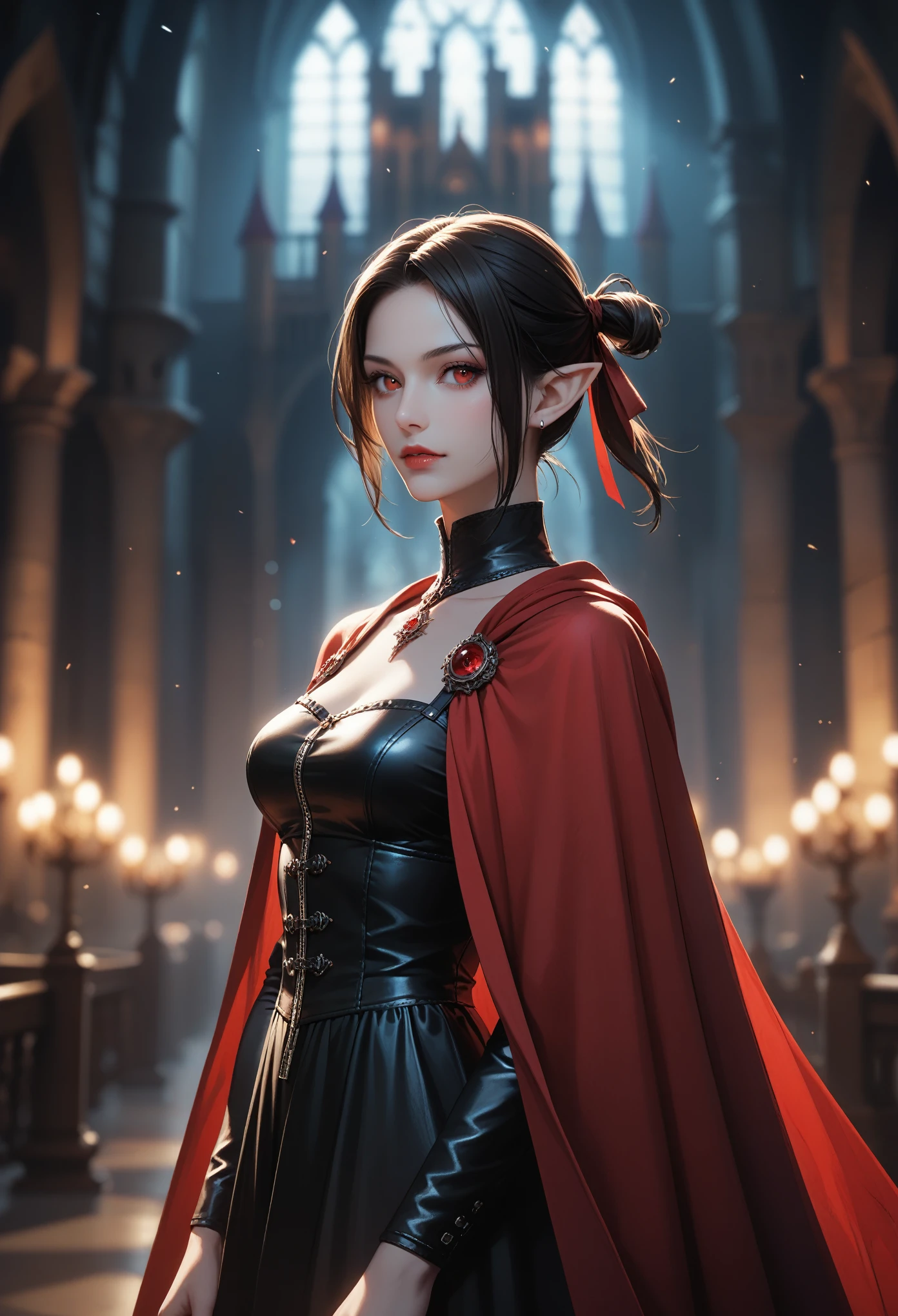 score_9, score_8_up, score_7_up, (masterpiece, UHD, 8K, 16K, ultra detailed), sfw, 1girl, vampire, short ponytails with red ribbon, pale white skin, red eyes, beautiful eyes, detailed eyes, pointy ears, black sundress, red cloak, high leather boost, runic castle background, moonlight, (depth of field), bokeh, diffused light, dramatic ambient 