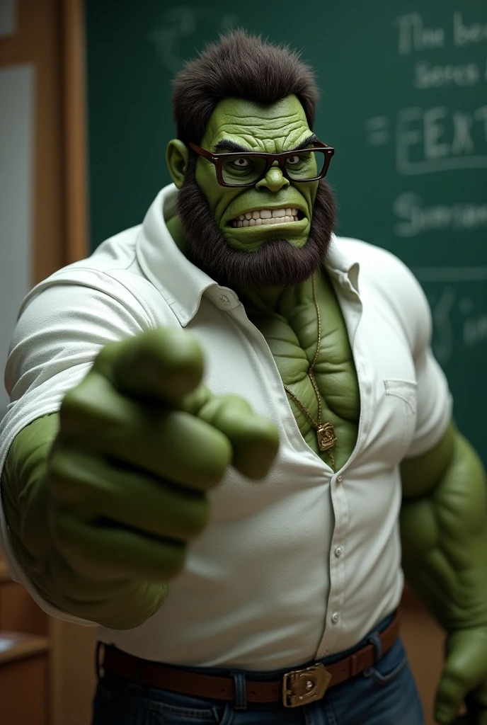 Hulk smiling sitting in front of a classroom table with book in hands