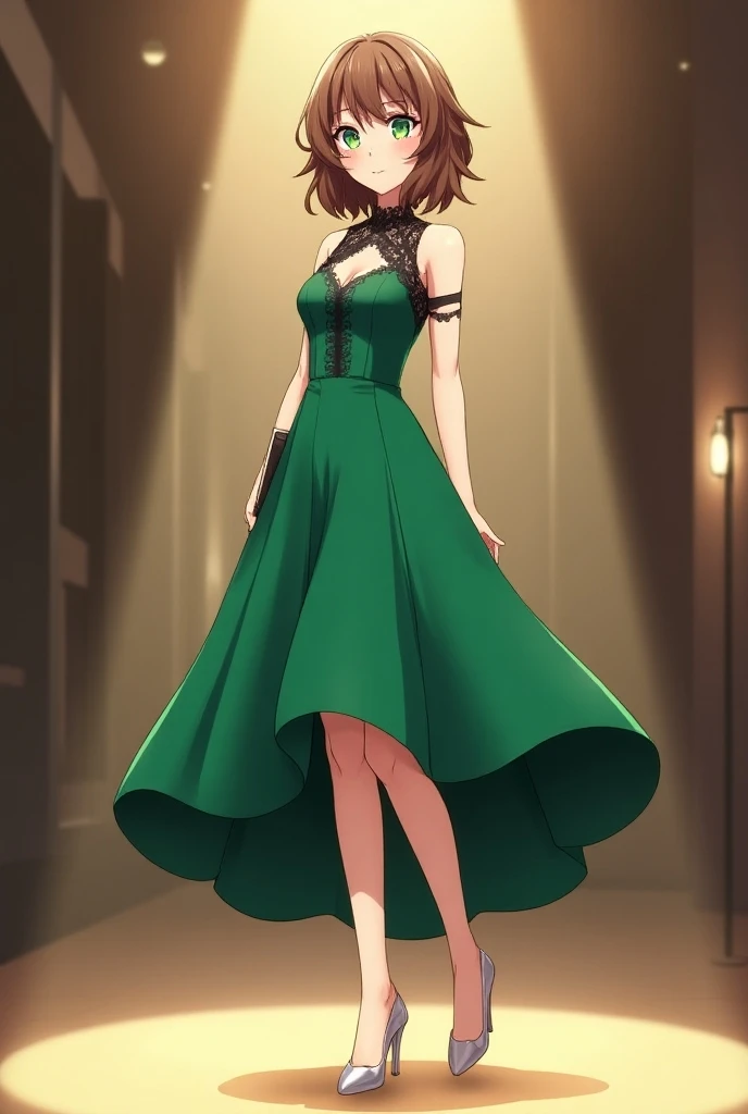 masterpiece, best quality, absurdres, perfect anatomy, 1girl, solo, oomoriYuuko, light brown hair, short hair, elegant, long dress, black dress, halterneck, smile, indoors, palace, jewelry, standing, <lora:CHAR-CureHoney:1>