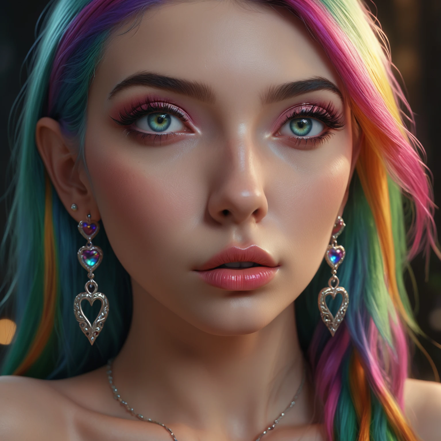 Young sexy elf ,  multicolor hair ,   tall full of pouting  ,  thick lips , seductive,   beautiful detailed eyes  ,   beautiful detailed lips  ,   extremely detailed eyes and face, Long eyelashes, hyperrealistic,   Photorealistic  , 8k,   ultra-detailed, masterpiece,   High quality  ,   intricate details,   cinematic lighting  ,   vivid colors  ,   glamorous  , sensual, alluring, fascinating,  big boobs, heart-shaped earrings, 