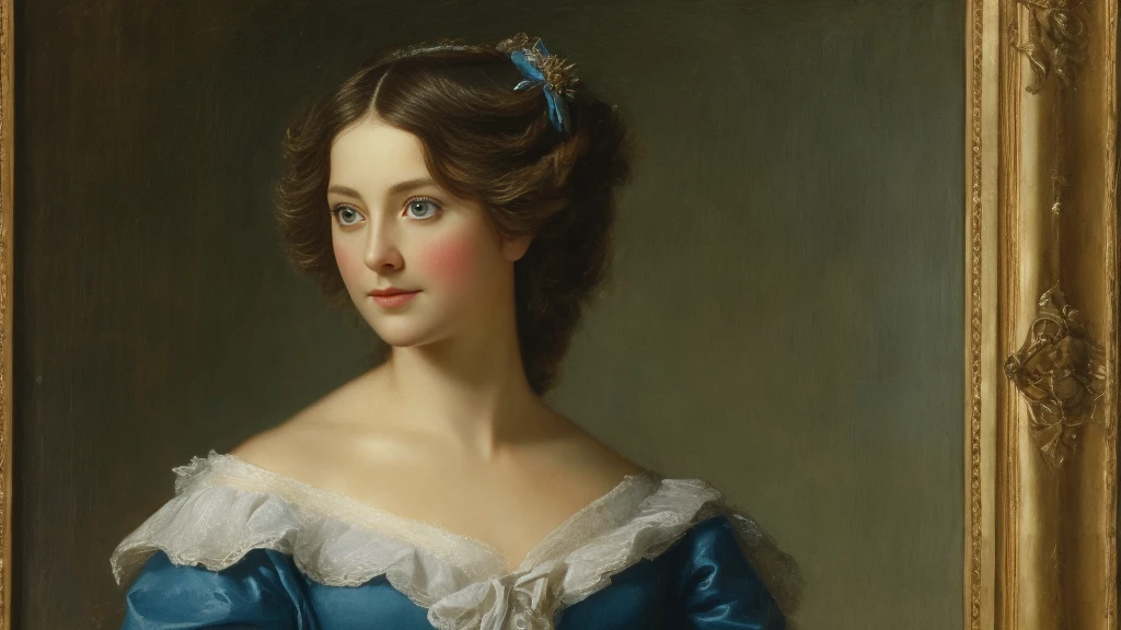 in realistic portrait of high quality and detail, classicism, waist, 18th century style, A woman in a magnificent blue dress of the 18th century, red lipstick, Furina from Genshin Impact, Marie-Antoinette, 18th century, high French hairstyle with curled hair from the 1793s, blue eyes, a mole under the lower lip, her melancholic face looking at the viewer, She stands in the middle of the Place de la Concorde in Paris surrounded by people, with a guillotine in the background behind her, outdoors, The Great French Revolution, many people on the background, Works inspired by Friedrich von Amerling, Inspired by Thomas Lawrence, Inspired by Franz Xaver Winterhalter, Nick Alm, oil painting style, realistic woman oil painting, elegant portrait, beautiful portrait of a woman, Inspired by Casey Baugh, elegant digital paintings, Inspired by Howard Chandler Christie, cool beauty, perfect tall model body, best quality, perfect angle, perfect composition, best shot, official art, cinematic light, supreme work of art, panoramic picture