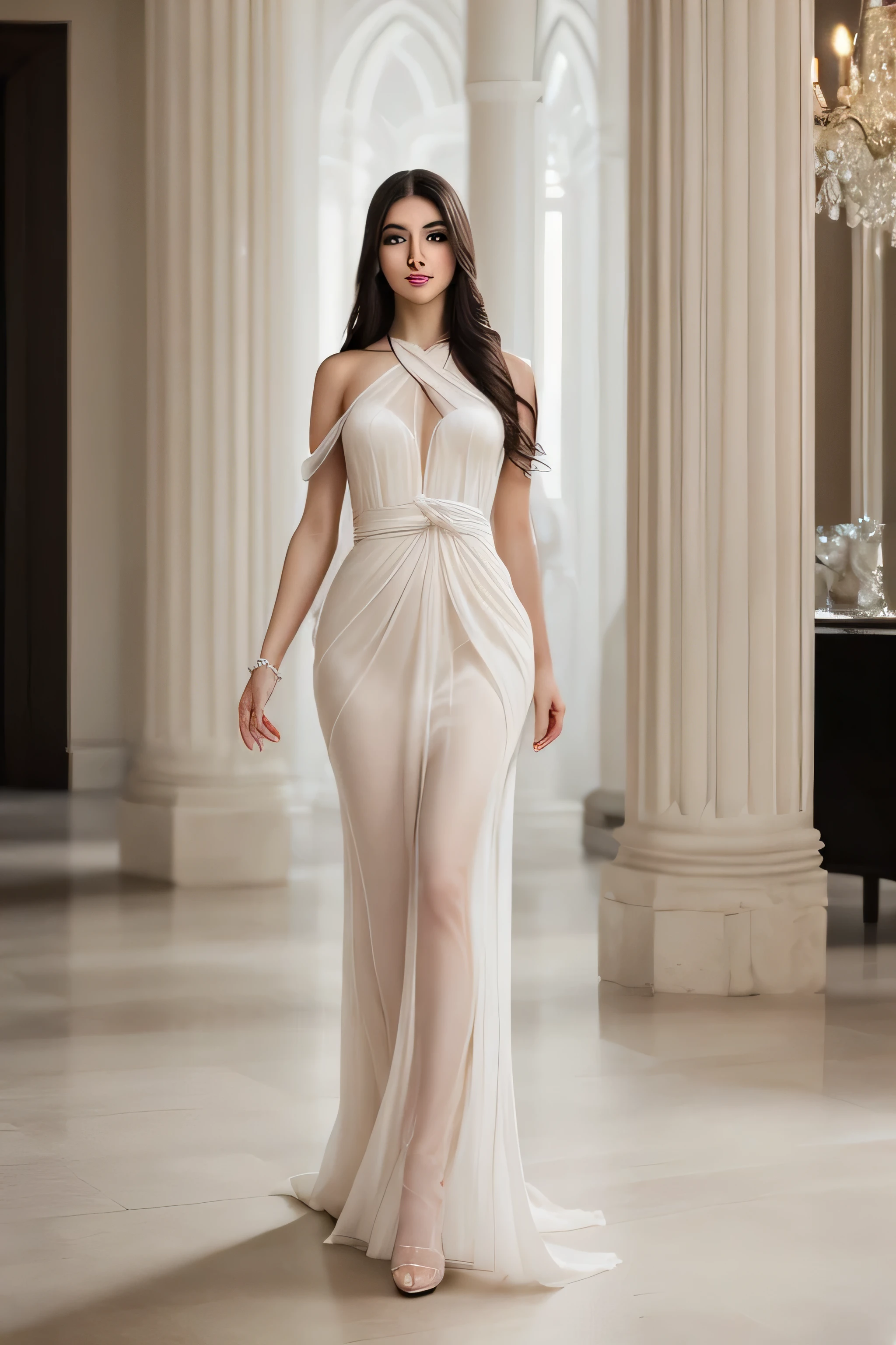 Picture of a French woman. Fit face. 22 years old, Sharp chin, photography, raw photo, masterpiece, extremely detailed photo, DSLR, photorealistic 1.4, ultra hi res, best quality, full body picture, tall, toned, busty, wearing a white toga, long flowing toga, thick wrapped toga, standing at lectern,  draping toga, in a Roman Senate building, center stage, spotlight, crowded room, posing confidently, black hair pulled back in bun, bright blue eyes, pale skin