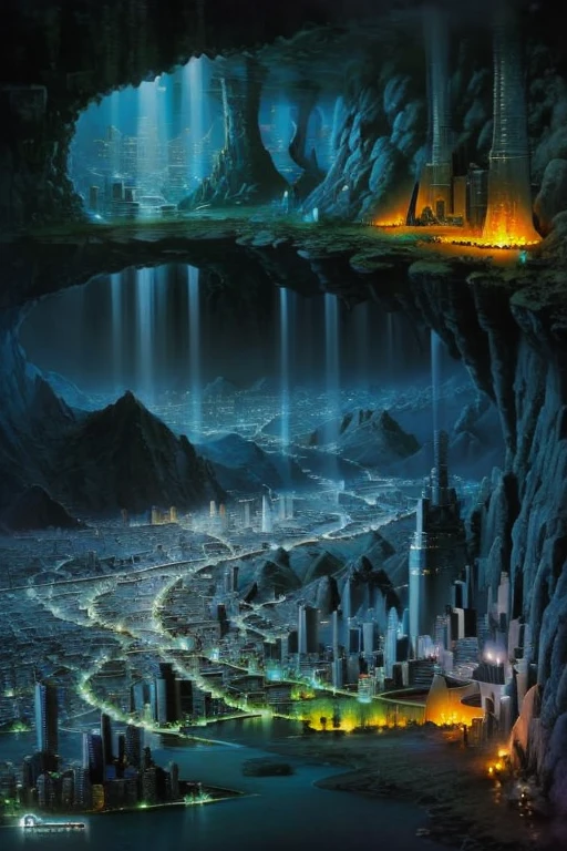 Abstract art, ( Surrealism ) a Surreal scene an underworld, underground, Underworld city, below ground. Underground city, Wide shot