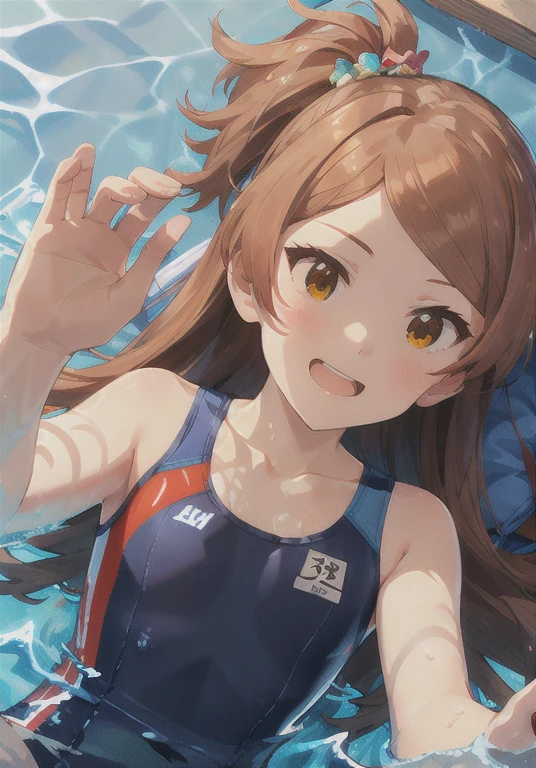 tamaki ogami \( One Million People Live \)masterpiece, 1 girl, Alone, Best Quality,Top view, close-up shot , Navy School Swimsuit,Shiny material swimsuit ， Name tag on chest，