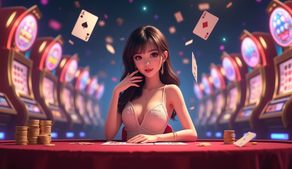 A sultry anime girl in a tantalizing bunny outfit, sensually lying on a roulette table surrounded by a multitude of poker chips, the casino lights casting a dynamic interplay of shadows on her form, Photography, using a 35mm lens for a natural perspective, capturing the real-world allure of the scene