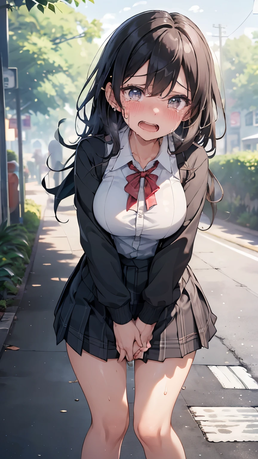 (masterpiece,beautiful,hughres,CG,8k,16K,best quality,high-resolution,detailed fingers,detailed hands,detailed legs,detailed eyes:1.7),(from below:1.6),(cowboy shot,crotch focus:1.5),1girl,(school uniforms,black cardigan,white shirt,plaid skirt,black skirt,black medium hair,medium breasts:1.6),(red bowtie:1.2),(outdoors,sidewalk:1.5),(have to pee:1.1),(urge to pee:1.2),(very desperate to pee:1.3),(standing:1.4),(knees together and feet apart:1.3),(rub each other's knees:1.6),(hand between legs,holding the crotch:1.6),(erotic waist twist:1.4),(female orgasm,pussy juice:1.2),(open mouth,gasping,heavy breathing,blush:1.6),(impatience:1.2),(flustered),(fidgeting around:1.3),(steam:1.3),(sweat skin:1.4),(streaming tears:1.6),(drooling:1.4),(looking down at viewer:1.4)