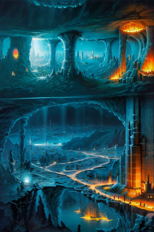 Abstract art, ( Surrealism ) a Surreal scene an underworld, underground, Underworld city, below ground. Underground city, Wide shot