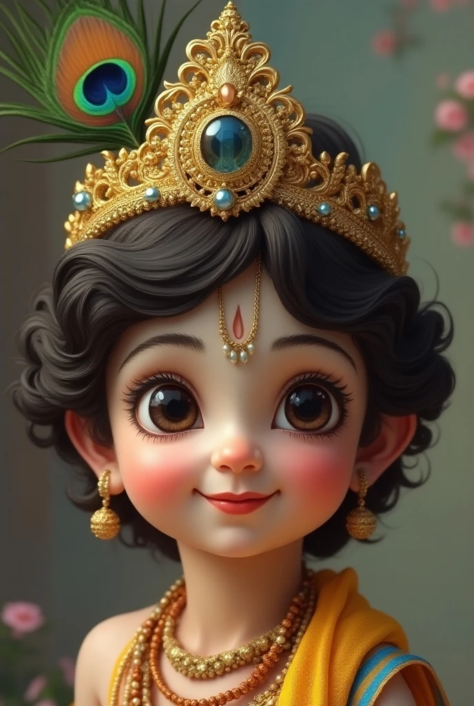 Very cute  baby krishna, beautiful lips, beautiful big eyes, shiny hairs, divine glow on face, wearing a morpankh mukut, hiding behind the door