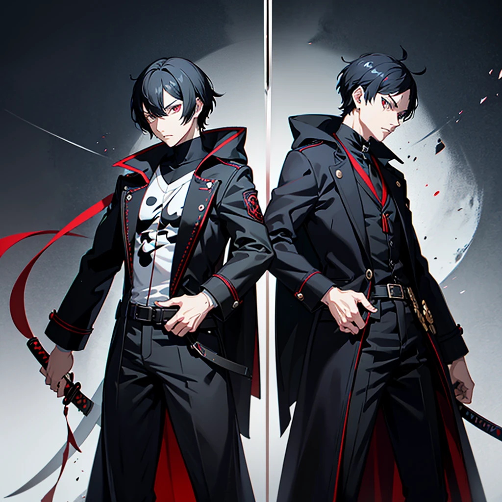 15-year-old male teenager, black hair, bright scarlet eyes, hateful gaze, serious face, dark aura, sword embedded in the ground, black blade with red details, white background, looking at the viewer.





