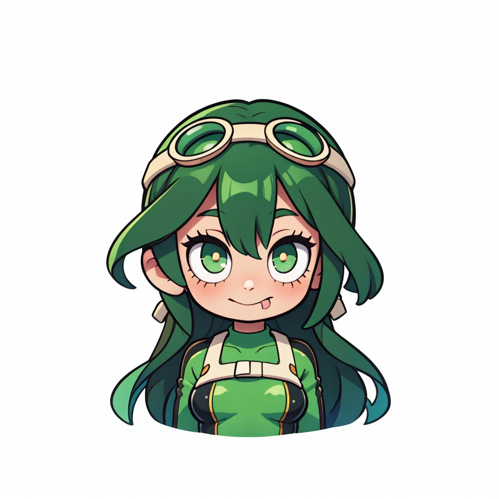 asui_tsuyu, green bodysuit, asui_tsuyu, black eyes, hair rings, low-tied long hair, bodysuit, green bodysuit,1girl, black  hair,  long hair, uhd, 4k, face detail, eyes detail, only_head, head_only, white background, solo, happy face expression, kawaii, chibi, upper body, circle frame, smiling ,big smile, vivid colors, ((tongue out, black pupils))