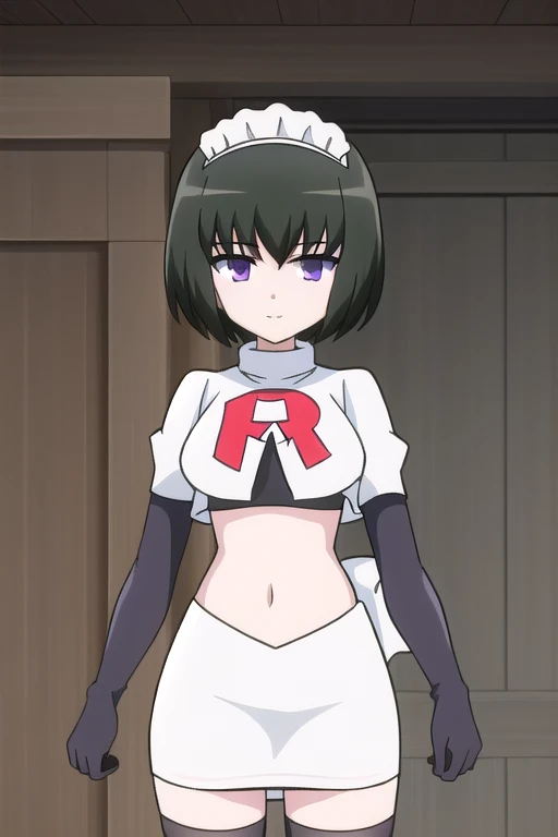 lapis , solo, breasts, looking_at_viewer, short_hair, bangs, blue_eyes, black_hair, purple_eyes, small_breasts, maid_headdress, bob_cut, team rocket,team rocket uniform,white skirt,red letter R,crop top,black thigh-highs,black elbow gloves