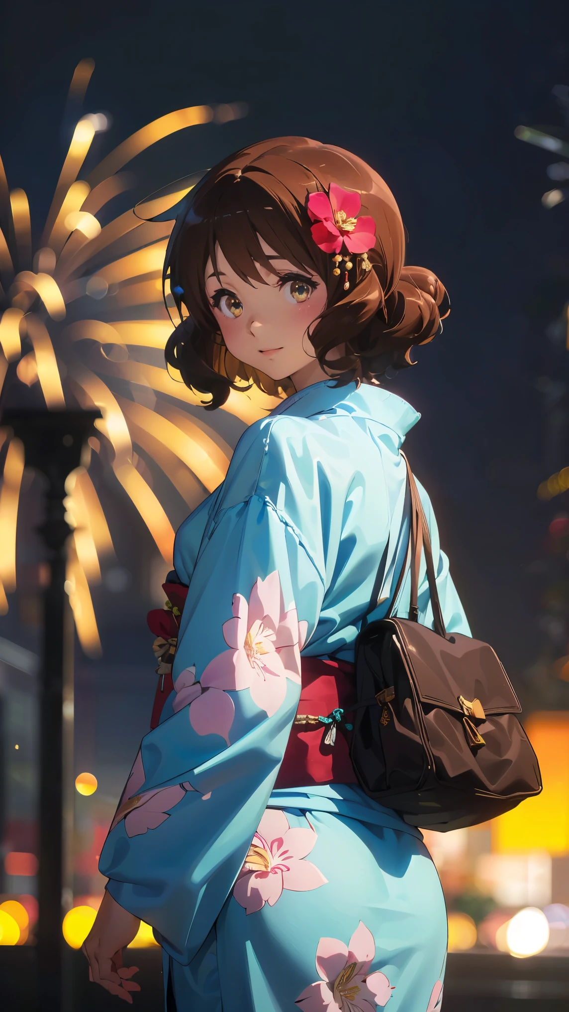 (最High image quality, 8k, High image quality, high detail,masterpiece:1.2)、kumiko oumae,Eye light、 face light 、  sparkling eyes、Alone、1 girl、anime、animeカラーリング、( from behind:1.3)、( Perfect Anatomy)、(Looking at the viewer、 focus on the face)、Sparkling Eyes、(from the front:1.3)、( viewers、Blur the background:1.3)、animeカラーリング(Blur the background:1.3)、Before the topic、(( The image placed in the center )),((Glowing Skin,smile))、 (((masterpiece))), ((top-quality)), (( complicated details)),  perfect eyes, Captivating Eyes,(Alone、1 girl)、anime、animeカラーリング、 viewers、Subject in front、Detailed skin、((1 small Japanese style drawstring bag 、simple flower hair ornament)),(The,yuTheta,japanese clothes,Heart, sash, floral print, Heartjime,),（魅力的なsmile)、(Watch the fireworks display,Lots of fireworks, dreamy happy atmosphere dramatic lighting), face light 