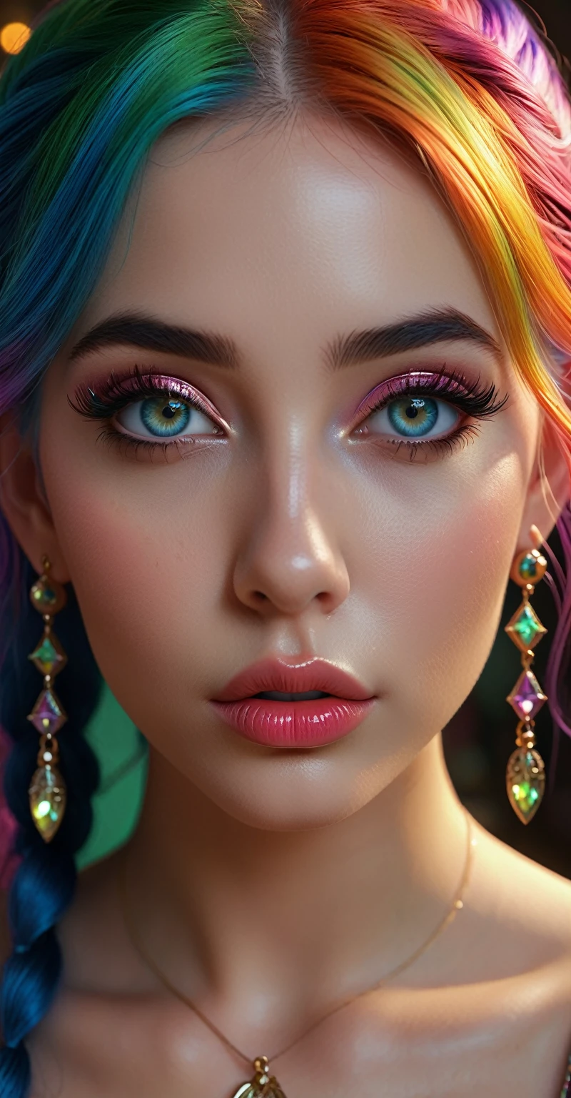 Young sexy elf ,  multicolor hair ,   tall full of pouting  ,  thick lips , seductive,   beautiful detailed eyes  ,   beautiful detailed lips  ,   extremely detailed eyes and face, Long eyelashes, hyperrealistic,   Photorealistic  , 8k,   ultra-detailed, masterpiece,   High quality  ,   intricate details,   cinematic lighting  ,   vivid colors  ,   glamorous  , sensual, alluring, fascinating,  big boobs, heart-shaped earrings, pointed ears,