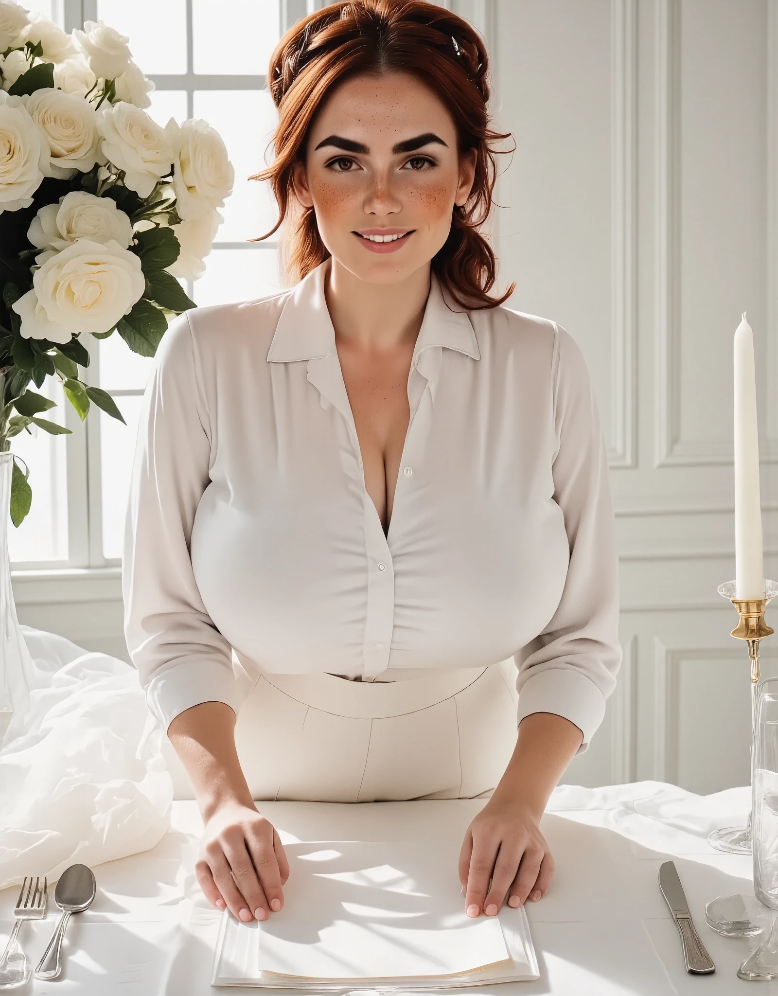 Photorealistic, cinematic style, picture of a beautiful British woman setting the table in a fancy wedding venue. She's leaning over the table to place the white napkins in place. (Dynamic pose: 1.5), (she is smiling). She has Brown eyes, downturned eye shape, light skin and freckles, reddish-brown hair, ponytail hairstyle .  She's wearing a white button-down blouse, white trousers. The floor is made of white marble. The table has white tablecloth. There is a floral centerpiece with white roses. The walls is the room are white marble. ((Theme colour is white)). perfect hand,HDR, intricate details ,