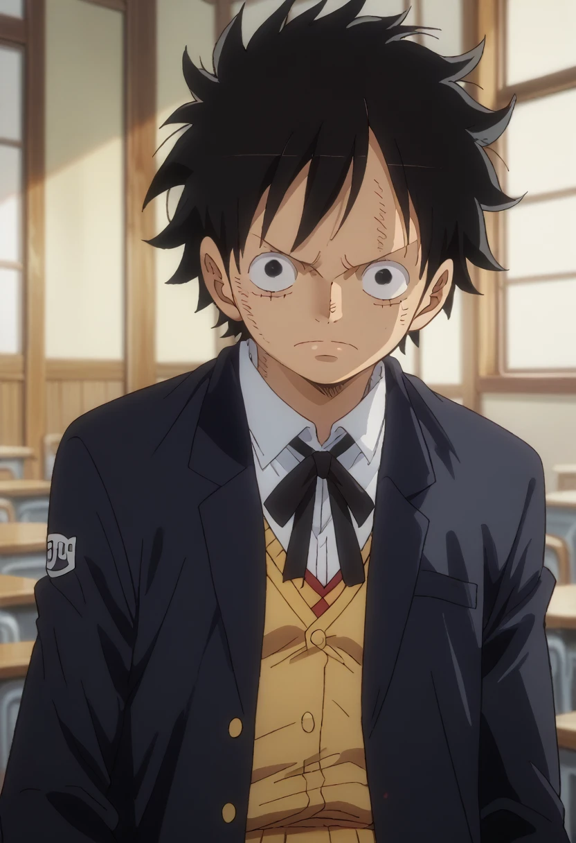 Luffy, black hair, black eyes, scar on face, school uniform 