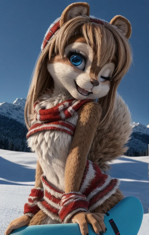 Brittany_Miller, One, chipmunk, fluffy,young woman, young  ,  small round chest  , fur trim , 3d Model, winks, in the mountains, Alps, snowy slope ,snowboarding ,  winter clothes,  looks at the viewer, perfect eye detailing,  slight smile,  sexy body , 18+, frightened, panic  ,light erotica, Model,   small round chest  ,  tail sticks out    , fluffy, (a little plump:0.3), Cute, (small ears), (short muzzle),  long slanting bangs   ,   long hair with a barrette back  ,grey-blue eyes, eye makeup  , eyes closed , beautiful eyes, intimate ,кружевное розовое intimate ное платье , detailed fur, perfect teeth, Slightly flirty  , beautiful view,   