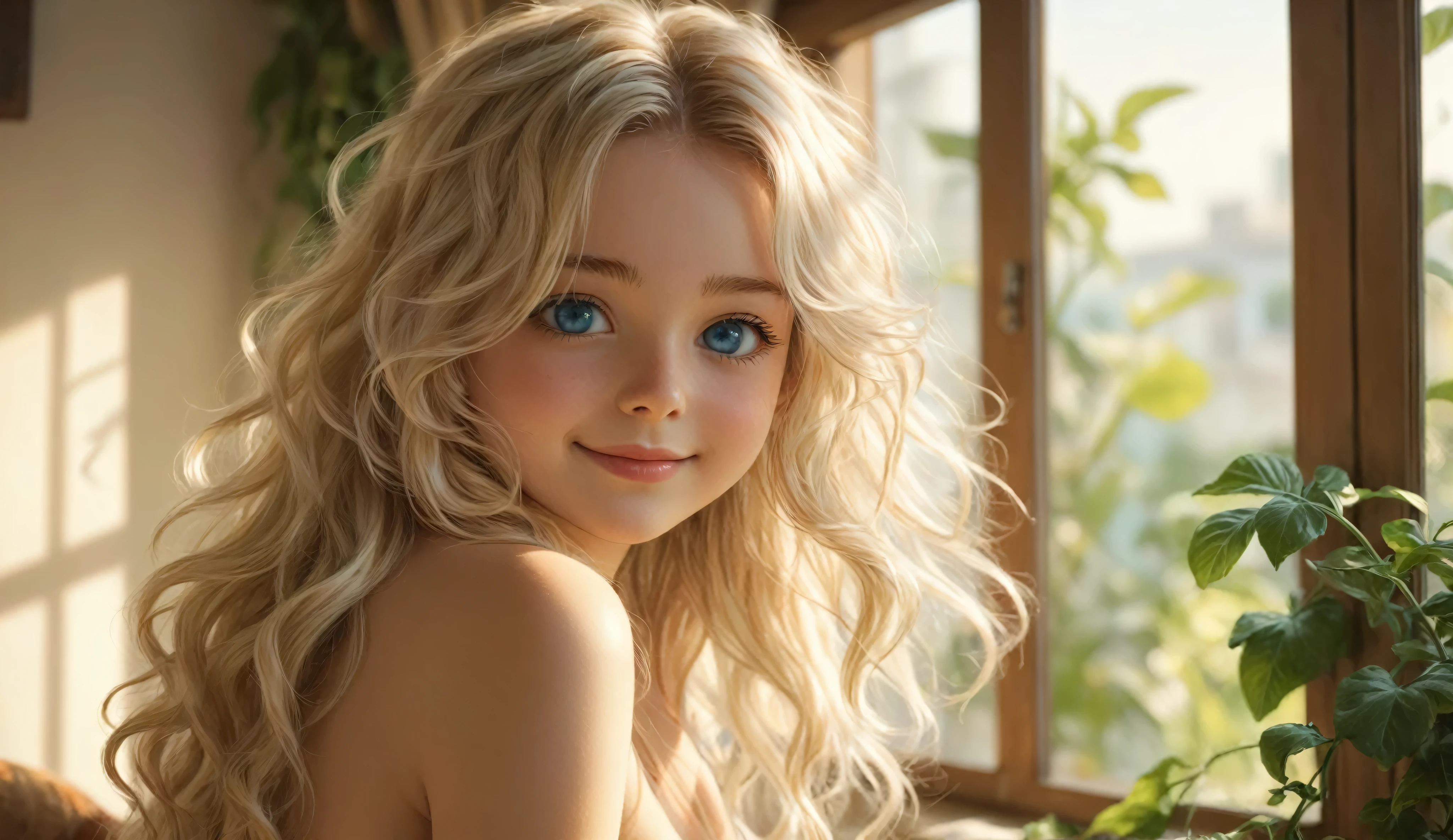 1 girl, , Wearing cotton panties, perfect face, petite and skinny, small breasts, blue eyes, light blonde hair, long wavy hair, messy hair, twin tails, shy smile, ribbons, realistic, (cowboy shot), indoors, soft lighting, plants in background, window with sunlight, cozy room, relaxed pose, realistic, intricate details, warm colors, by Greg Rutkowski, by Alphonse Mucha Real image, hard nipples, seductive,