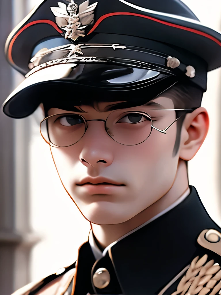 male性1人 male 銀色のクレオパトラの髪型をしたmale Silver eyebrows trimmed bangs Light blue eyes Black and white uniform Military parade square Realistic
