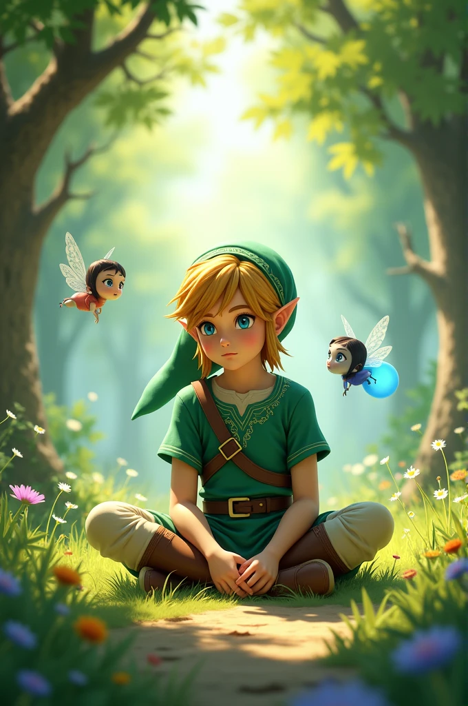 Create an image of young Link sitting cross-legged with Navi and Tael