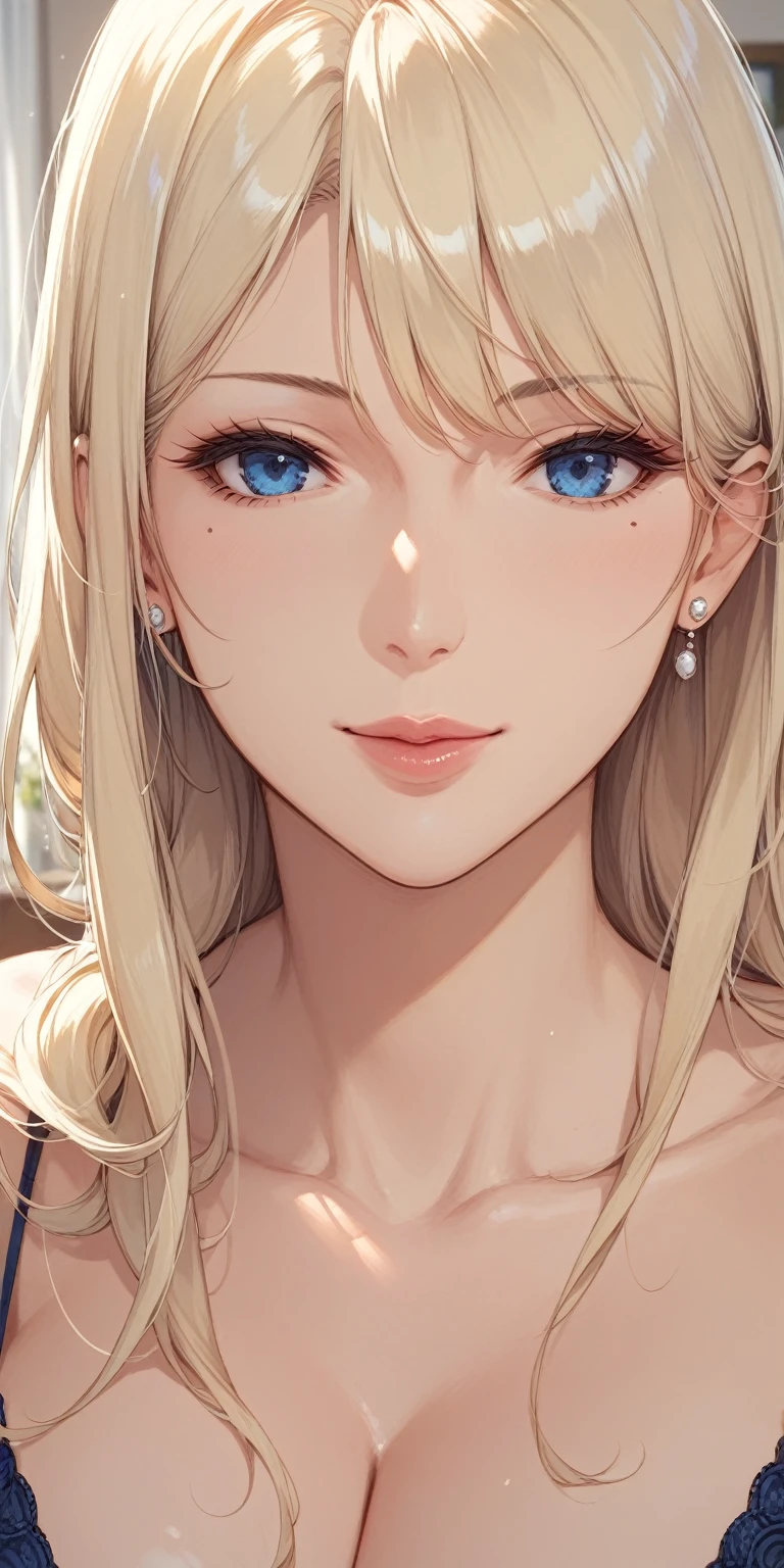 score_9, score_8_up, score_7_up, blonde, long hair, blue eyes, perfect eyes, anime milf, elegant mature woman, wise face, cleavage, home, soft light