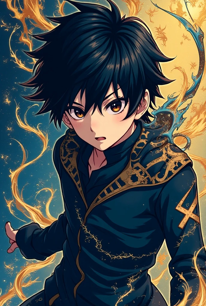 , brown skin, short blue-black hair, orange right eye, blue left eye, dragon tattoos all over, dragon earring, black hoodie with dragons, chain with dragon pendant, crossed arms, arrogant expression, "One Piece-inspired features, full of dramatic and incredible lighting, dramatic lighting, infused with creative details, ultra-fine 2D design, scenery bathed in creativity, bathed in creativity, boasting HD anime resolution clarity, HD anime graphics, high-octane rendering"