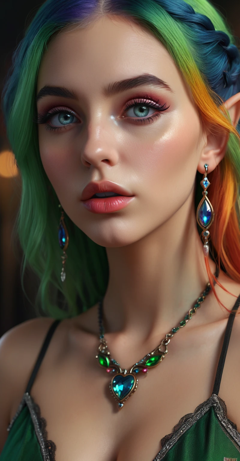 Young sexy elf ,  multicolor hair ,   tall full of pouting  ,  thick lips , seductive,   beautiful detailed eyes  ,   beautiful detailed lips  ,   extremely detailed eyes and face, Long eyelashes, hyperrealistic,   Photorealistic  , 8k,   ultra-detailed, masterpiece,   High quality  ,   intricate details,   cinematic lighting  ,   vivid colors  ,   glamorous  , sensual, alluring, fascinating,  big boobs, heart-shaped earrings, Schmuck, Behind the scenes, Pointed long ears, 