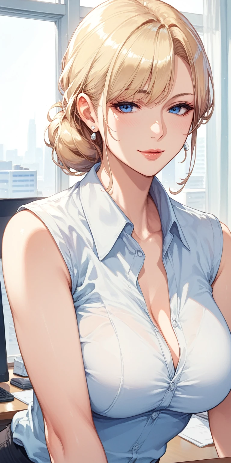 score_9, score_8_up, score_7_up, blonde, long hair, blue eyes, perfect eyes, anime lady, elegant mature woman, wise face, sleeveless office shirt, soft light