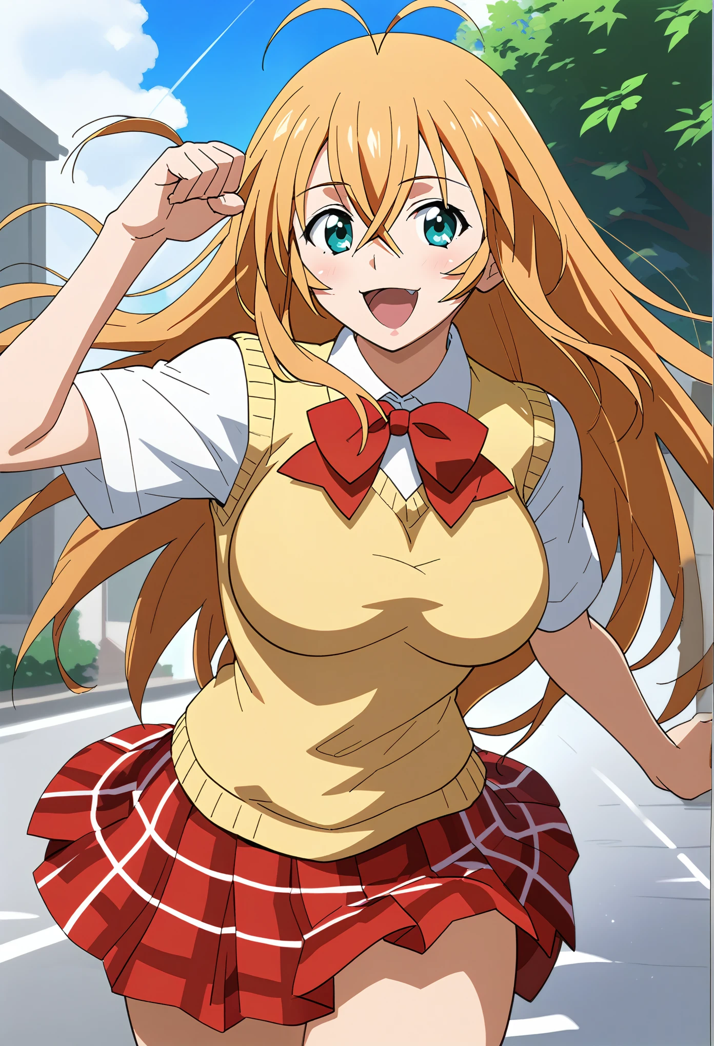 score_9, score_8_up, score_7_up, source_anime, 1girl, solo, outdoors, school,sonsakuhakufupony, long hair, blonde hair, aqua eyes, hair between eyes, antenna hair, large breasts, sexy, glamor, school uniform, red bowtie, yellow sweater vest, red skirt, plaid skirt, anime screencap, smile, looking at viewer, cowboy shot,open mouth, fighting stance, 