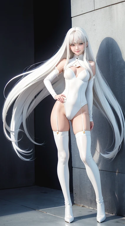 Full Body Shot、 standing、Long white hair、 White long tights  ， WHITE LATEX SUIT 、  ARAF IN WHITE KNEE HIGH BOOTS,   WHITE SHINY LINGERIE  , latex Shiny, Atsuko Kudo&#39;Latex Costume, full-body xianxia,   WHITE LATEX COSTUME  , White leather clothing , skin, Japanese Goddess, Wearing latex, Shiny plastic,   Elegant and Glamorous Cosplay ,   Mortal Kombat Kitana   