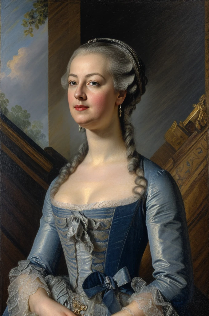 A picture of A woman in a magnificent closed blue dress of the 18th century, red lipstick, Furina from Genshin Impact, Queen Marie-Antoinette, 18th century, French short hairstyle with silver hair from the 1790s, blue eyes, a mole under the lower lip, her melancholic face looking at the viewer, She stands in the middle of the Place de la Concorde in Paris surrounded by people, with a guillotine in the background behind her, outdoors, outside, autumn, grey clouds, rainy weather, The Great French Revolution, Works inspired by Friedrich von Amerling, Inspired by Thomas Lawrence, Inspired by Franz Xaver Winterhalter, Nick Alm, oil painting style, realistic woman oil painting, elegant portrait, beautiful portrait of a woman, Inspired by Casey Baugh, elegant digital paintings, Inspired by Howard Chandler Christie, cool beauty, perfect tall model body, best quality, perfect angle, perfect composition, best shot, official art, cinematic light, supreme work of art