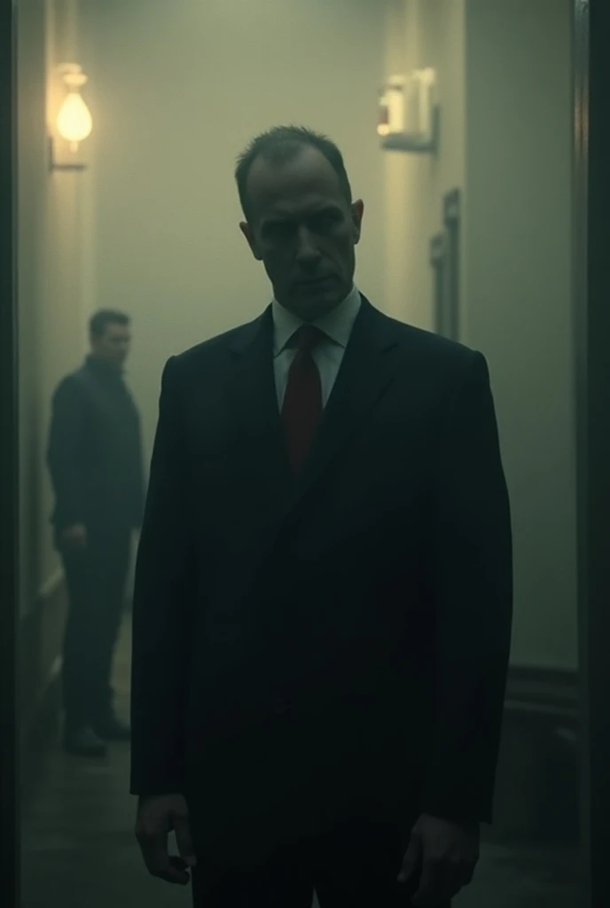  facial hair, indoors, suit, jacket, black jacket, formal, shirt, male focus, elevator, ceiling light, realistic, door, mirror, white shirt, restroom, black suit, short hair, military hat, police badge, A dimly lit sterile room with three men., Agent Smith in a black suit and sunglasses glares intently., 