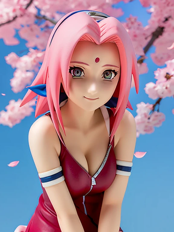 tmasterpiece， Best quality at best， 1girll， Sakura Haruno， Large breasts，Off-the-shoulder attire，（cleavage), (medium closeup), Raised sexy，is shy，ssmile，with pink hair， long whitr hair， （Green eyeballs:1.4)， Forehead protection， the cherry trees，Cherry blossoms flying，Red clothes，Zipper half