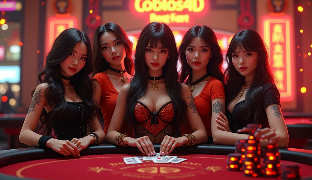 a beautiful two thailand girls wearing TRADITIONAL DRESS holding up a sign "CHANG123 REGIST NOW", teasing smile, happy, photorealistic, oil painting, casino background, realistic pixar, BIG breast cleavage, Standing behind poker table between slot machines, Colourfull, Neon Light, upper body.