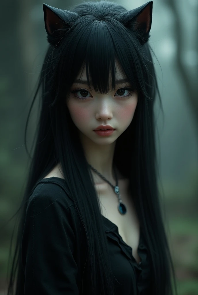 (Highest quality、Tabletop、8k、Best image quality、Award-winning works、Ultra-high resolution)、Creepy and horror-like beauty、(Zombie Beauty:1.1)、(Bloody Face:1.2)、(Very long bangs:1.1)、Zombie Makeup、(Pure white and creepy skin:1.2)、Straight long hair、Black eyeshadow、Around the eyes、Black Lips、Long white hair、White nightgown、(Dark and eerie forest background:1.2)、Dark and spooky tree々、Terrible night、Dark thriller vibe、Spooky fog、Small Valley、(Look at me with a sad expression:1.1)、Blurred Background、(Photo from chest up:1.2)、(Face close-up:1.2)、(nude:1.4)、Accurate anatomy、Ultra-high resolutionの顔、Ultra-high resolutionの髪、Ultra-high resolutionのキラキラした瞳、Ultra-high resolutionのBlack Lips、(Ultra-high resolutionの完璧な歯:1.1)、Highly detailed creepy face
