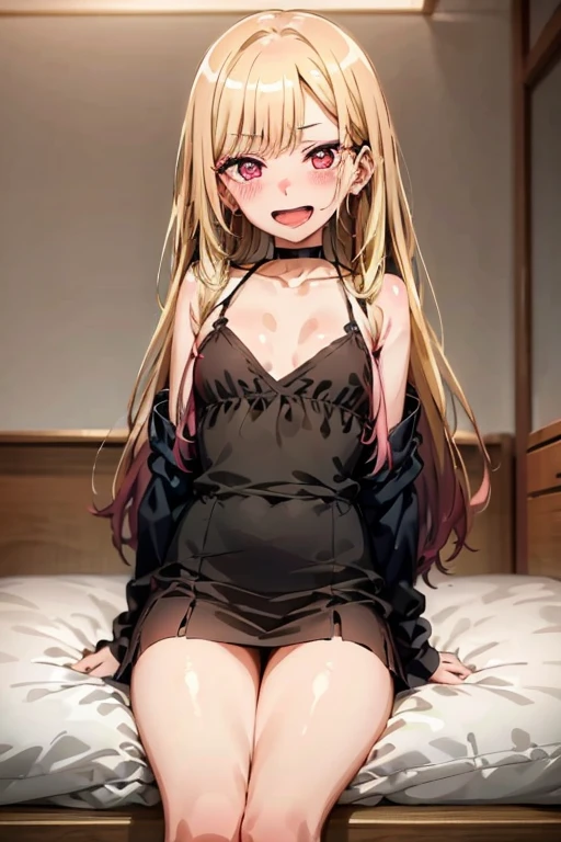 ((Best Quality)), ((masterpiece)), (be familiar with),  perfect face, indoor, bedroom, Watching the audience,
One woman, Kitagawa Marin,
Open Mouth, Ecstatic expression, blush, smile,
Small breasts,  flat chest, , , , Girl,
Long Hair, Long Hair,
Leg spread,