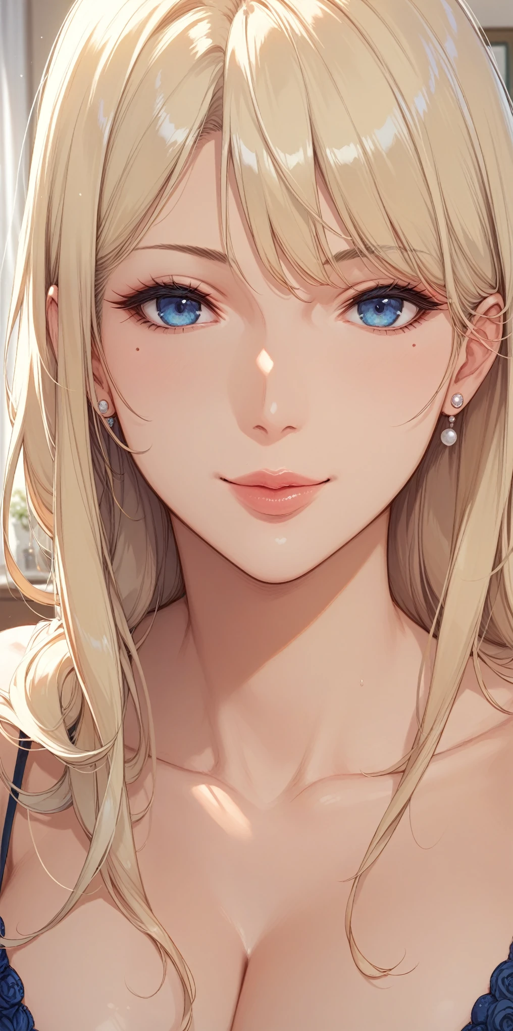 score_9, score_8_up, score_7_up, blonde, long hair, blue eyes, perfect eyes, anime milf, elegant mature woman, wise face, cleavage, home, soft light