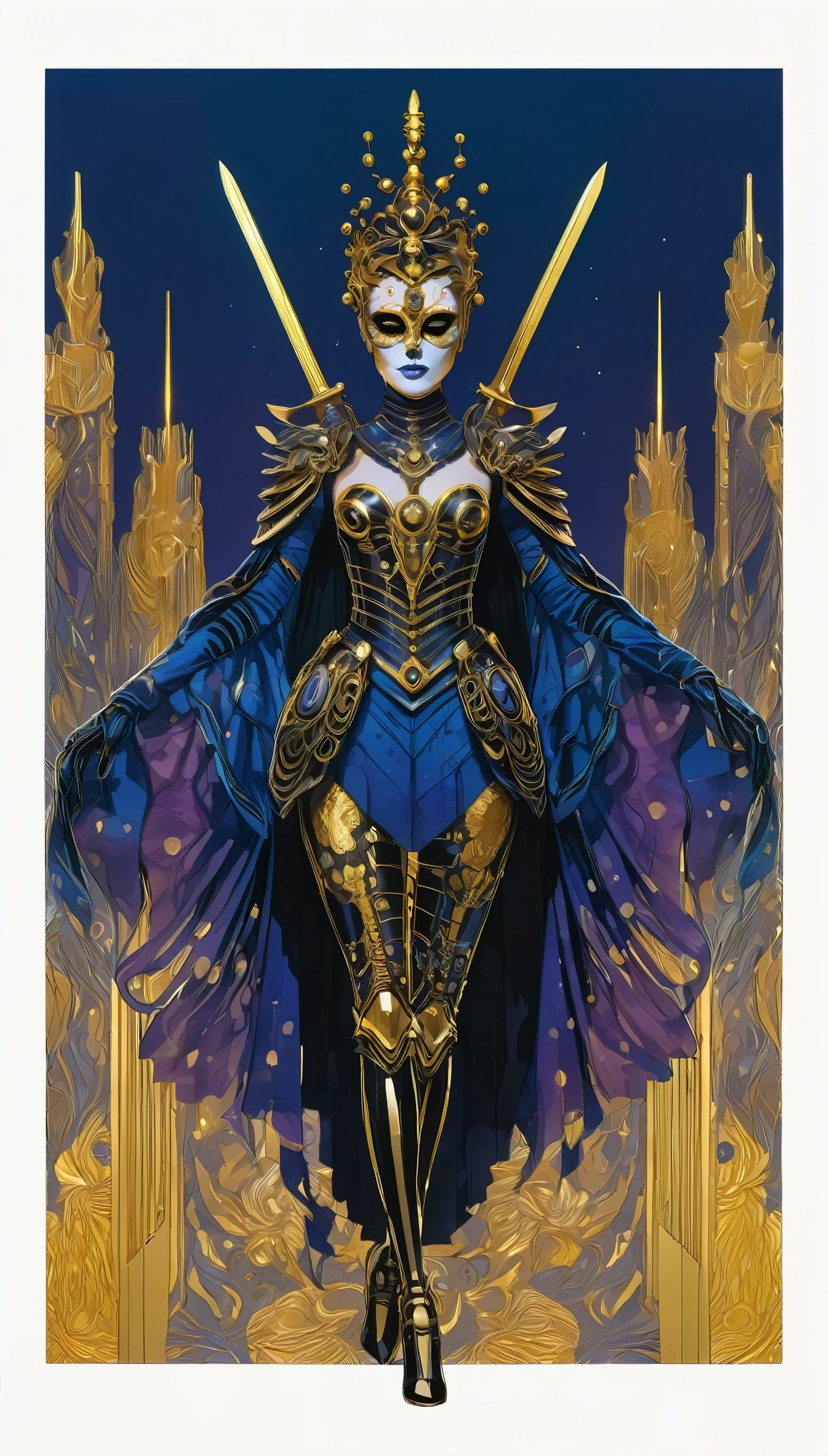 ( High quality , Ultra-detail, carefully with your hand )tarot card, chiaroscuro technique on sensual illustration of an queen of sword, a age fashion model wearing an exo-skeleton mask, vibrant colors, futuristic cyberpunk style, intricate details, cinematic lighting, dramatic pose, an elegant complex bio mechanical onyx and gold, intricate details, official art, unity 8k wallpaper, ultra detailed, beautiful and aesthetic, (in a room with black walls illuminated by violet neon lights :1.1)