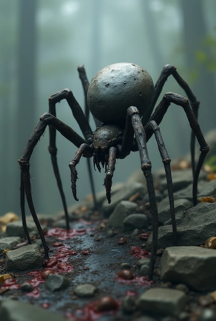 Photorealistic spider seen crawling out of the eye socket of a human skull in a dense and dark forest with fog. It has created many webs.