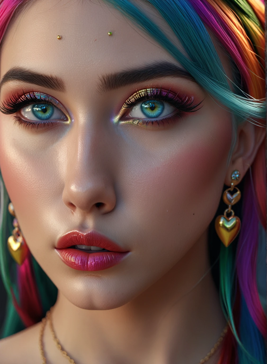 Young sexy elf ,  multicolor hair ,   tall full of pouting  ,  thick lips , seductive,   beautiful detailed eyes  ,   beautiful detailed lips  ,   extremely detailed eyes and face, Long eyelashes, hyperrealistic,   Photorealistic  , 8k,   ultra-detailed, masterpiece,   High quality  ,   intricate details,   cinematic lighting  ,   vivid colors  ,   glamorous  , sensual, alluring, fascinating,  big boobs, heart-shaped earrings, Schmuck, Behind the scenes, Pointed long ears, 