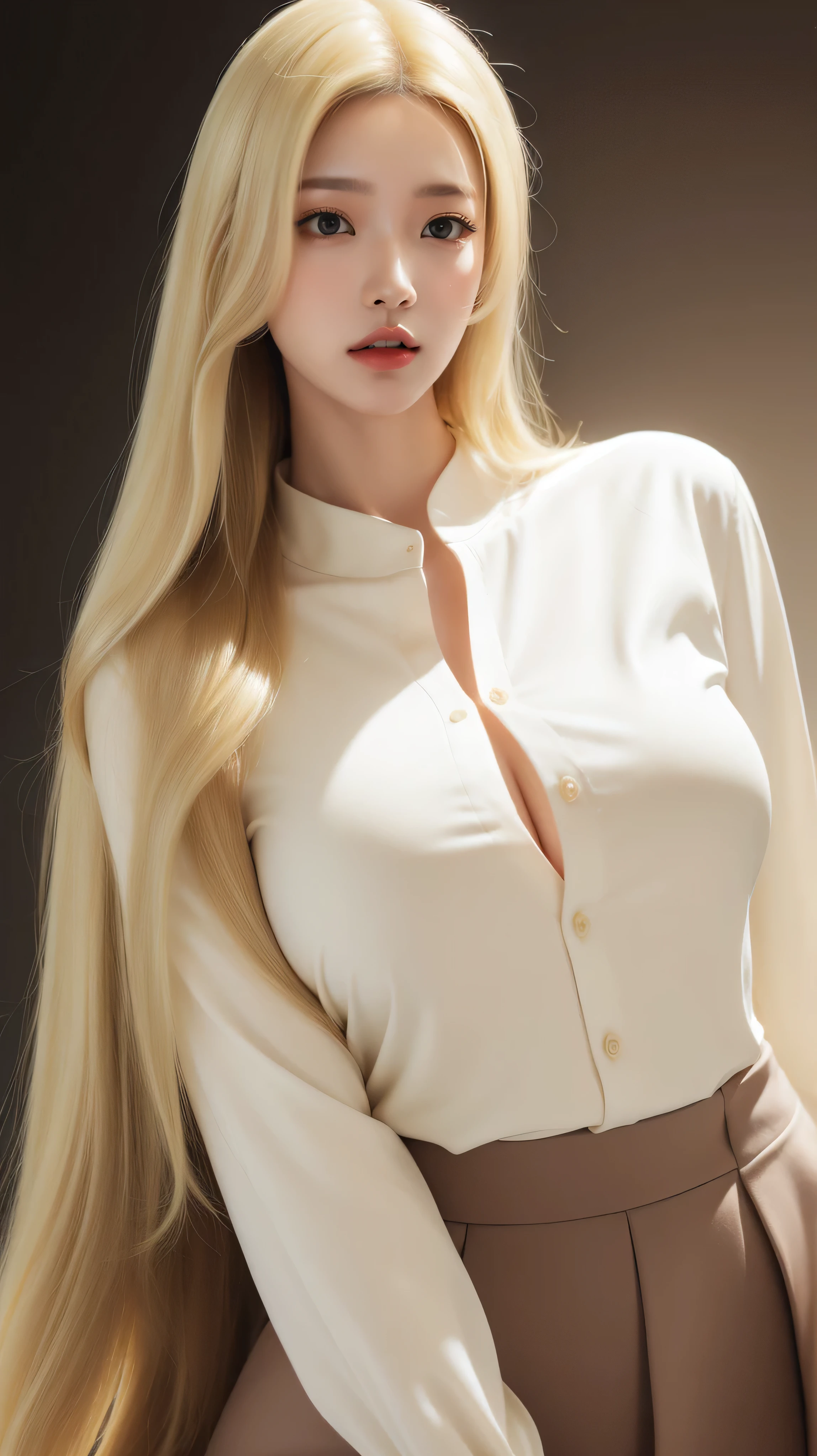 ((1 girl, Show half body)). , Ultra-detailed, Advanced Details, Ultra-realistic, Ultra-Realistic, masterpiece:1.5, figure:1.1, Best Quality:1.5, Realistic, photoRealistic, The finer details, Perfect detail, Sharp colors, 4K, 8k, High resolution, Sharp focus, Sleek Details, High resolution. tall body, Big Breasts:1.5. . A beautiful girl wearing a 白いドレス. Dark Background. Beautiful Face, Mouth closed, Closed lips, Detailed face, Beautiful Eyes, Perfect symmetry, perfect eyes. wear (compensate), , lipstick, Glossy lips, Eyeshadow, eyelash. Bright lighting, Neon Light, Flashlight. Looking at the camera.white long sleeve button up blouse_brown pleated :1.4))((Super long blonde hair reaching to her weast:1.4)),