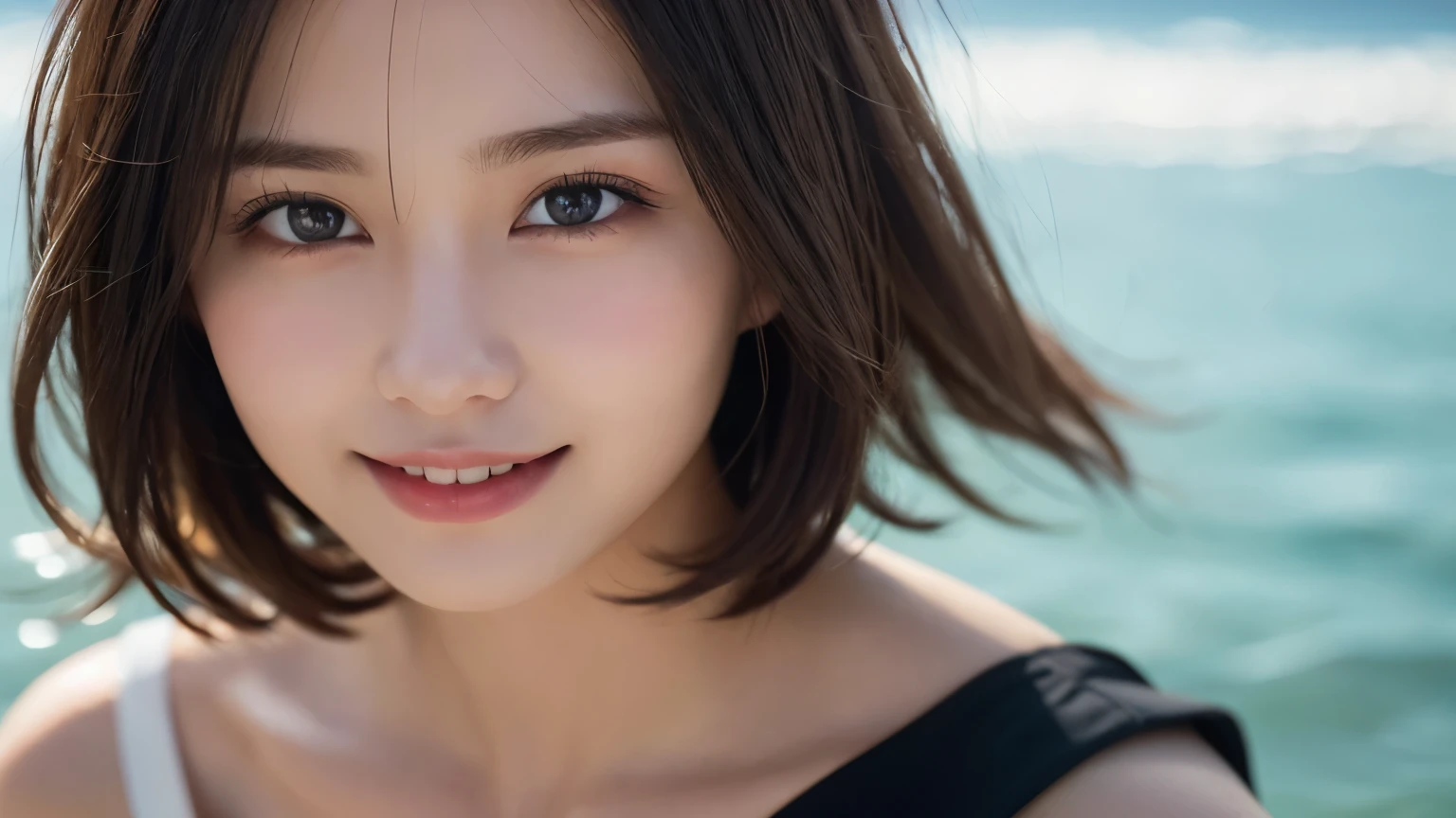 table top、(highest quality、4k、8k、High resolution、master piece: 1.2)、Super detailed、(real、photorealistic、photorealistic: 1.37)、full body shot、Complex and beautiful eyes、woman、short hair、natural color lip、swimsuit、bold and sexy pose、smile、Ocean、20 year old girl、Cute and sexy shot looking at the camera。
