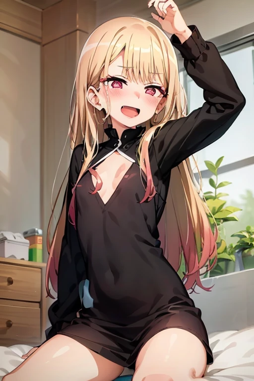 ((Best Quality)), ((masterpiece)), (be familiar with),  perfect face, indoor, bedroom, Watching the audience,
One woman, Kitagawa Marin,
Open Mouth, Ecstatic expression, blush, smile,
Small breasts,  flat chest, , , , Girl,
Long Hair, Long Hair,
Leg spread,