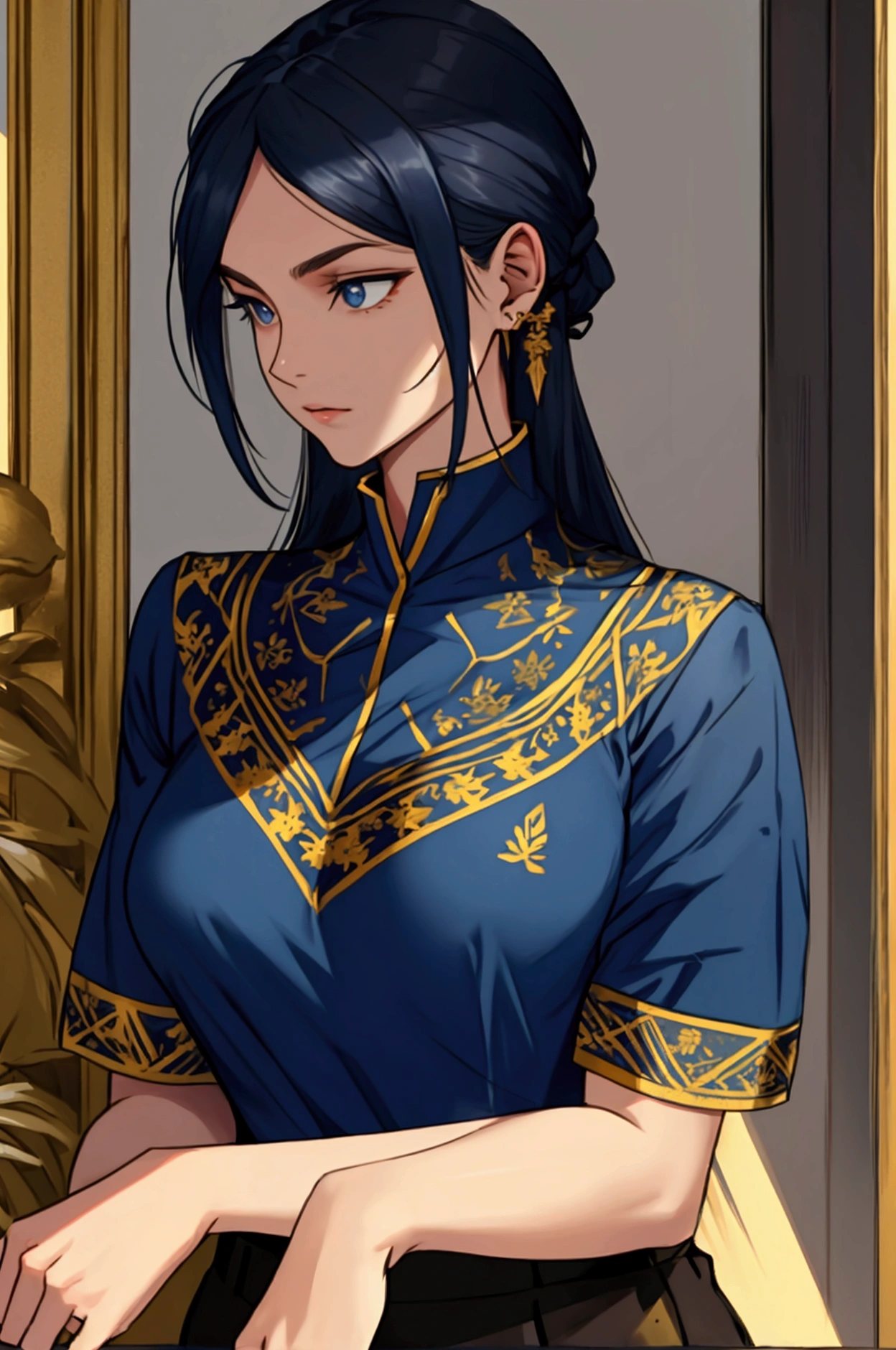 Amazing portrait of a sexy woman with her hair tied back in a low ponytail as she gazes at us seductively with her perfect lips parted for a kiss as she's pinned against the wall wearing a yellow kurta with floral embroidery