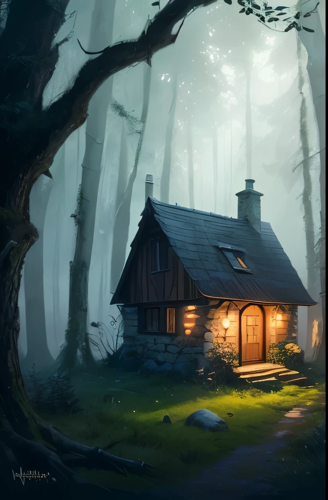 a close up of a small stone building in a forest, solitary cottage in the woods, witch cottage in the forest, witch hut, cottage in the woods, dark fantasy setting, cottage in the forest, house in forest, photorealistic dark concept art, house in the wood, nestled in a forest, beautiful house on a forest path, the house in the forest