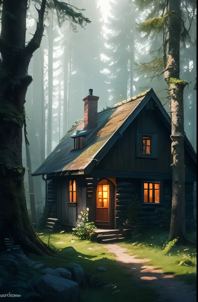 a close up of a small stone building in a forest, solitary cottage in the woods, witch cottage in the forest, witch hut, cottage in the woods, dark fantasy setting, cottage in the forest, house in forest, photorealistic dark concept art, house in the wood, nestled in a forest, beautiful house on a forest path, the house in the forest