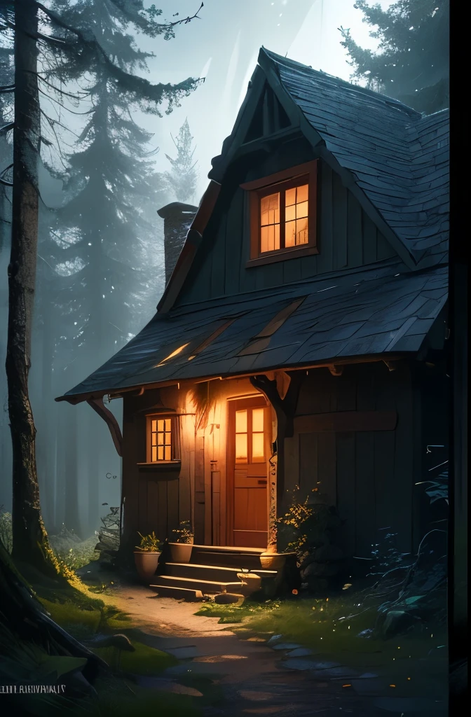 a close up of a small stone building in a forest, solitary cottage in the woods, witch cottage in the forest, witch hut, cottage in the woods, dark fantasy setting, cottage in the forest, house in forest, photorealistic dark concept art, house in the wood, nestled in a forest, beautiful house on a forest path, the house in the forest