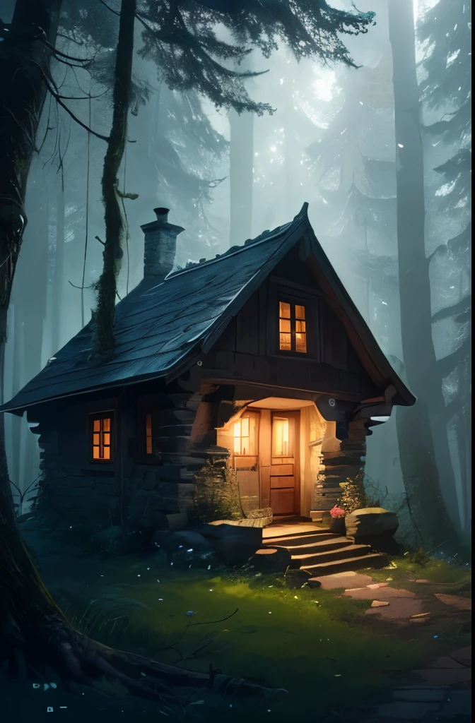 a close up of a small stone building in a forest, solitary cottage in the woods, witch cottage in the forest, witch hut, cottage in the woods, dark fantasy setting, cottage in the forest, house in forest, photorealistic dark concept art, house in the wood, nestled in a forest, beautiful house on a forest path, the house in the forest